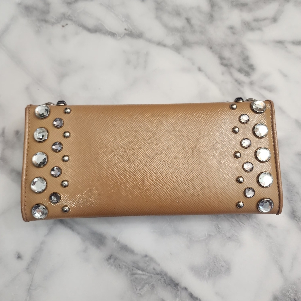 Authentic PRADA Saffiano Patent Leather Vernice Crystal Studded Flap Long Wallet - Picture 3 of 11